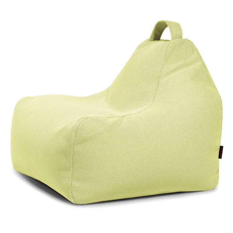 El Bean bag Game Canaria - uso exteriores es un sillón infantil tipo bean bag de color verde claro con respaldo alto y asa de transporte superior, diseñado para un asiento ergonómico. Se muestra sobre fondo blanco.