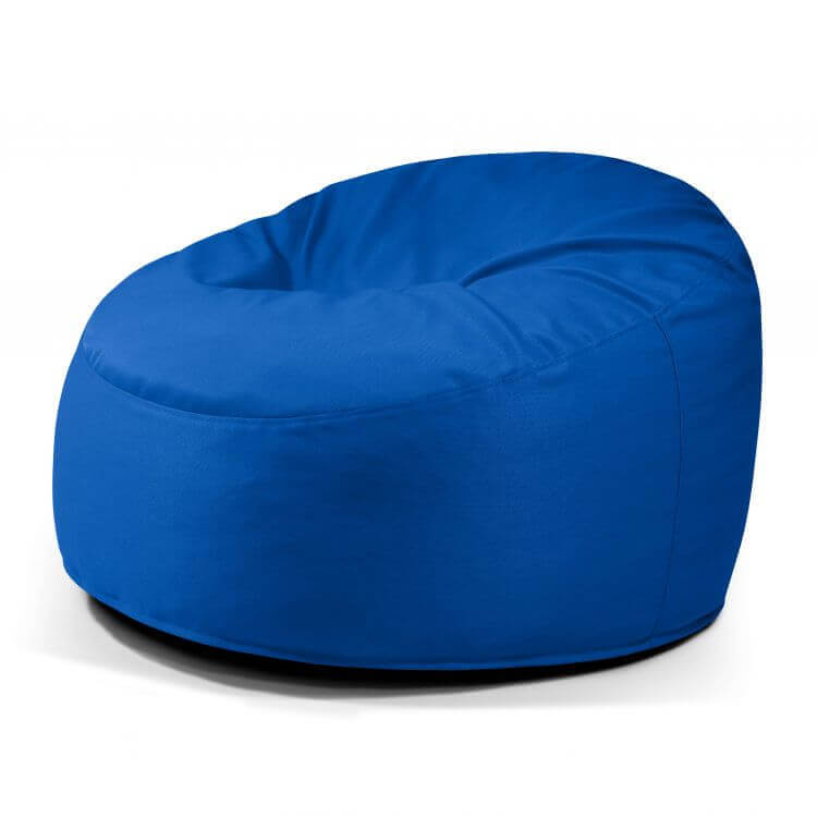 El Foam Bean Bag OM 110 Barcelona, de forma redonda y suave tejido azul, proporciona un cómodo asiento y se muestra sobre un fondo blanco.