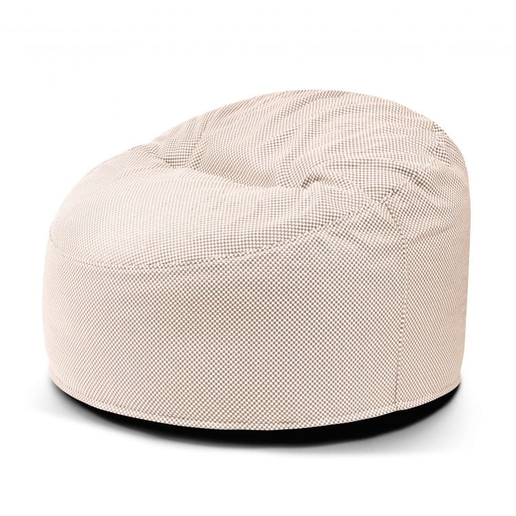 Un Bean Bag Om 85 Capri redondo de espuma de color beige con una superficie de tela texturizada se asienta sobre un fondo blanco liso, ofreciendo un acogedor asiento infantil ideal para uso exterior en la habitación de cualquier niño.