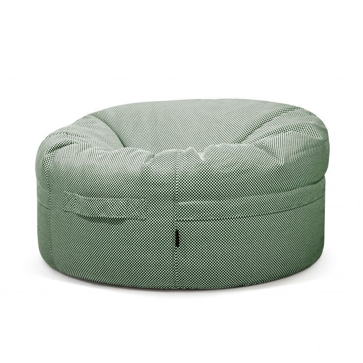 Silla redonda Bean bag Roll 105 Capri - uso exteriores de color verde, con superficie de tela texturizada y funda lavable, sobre fondo blanco liso.