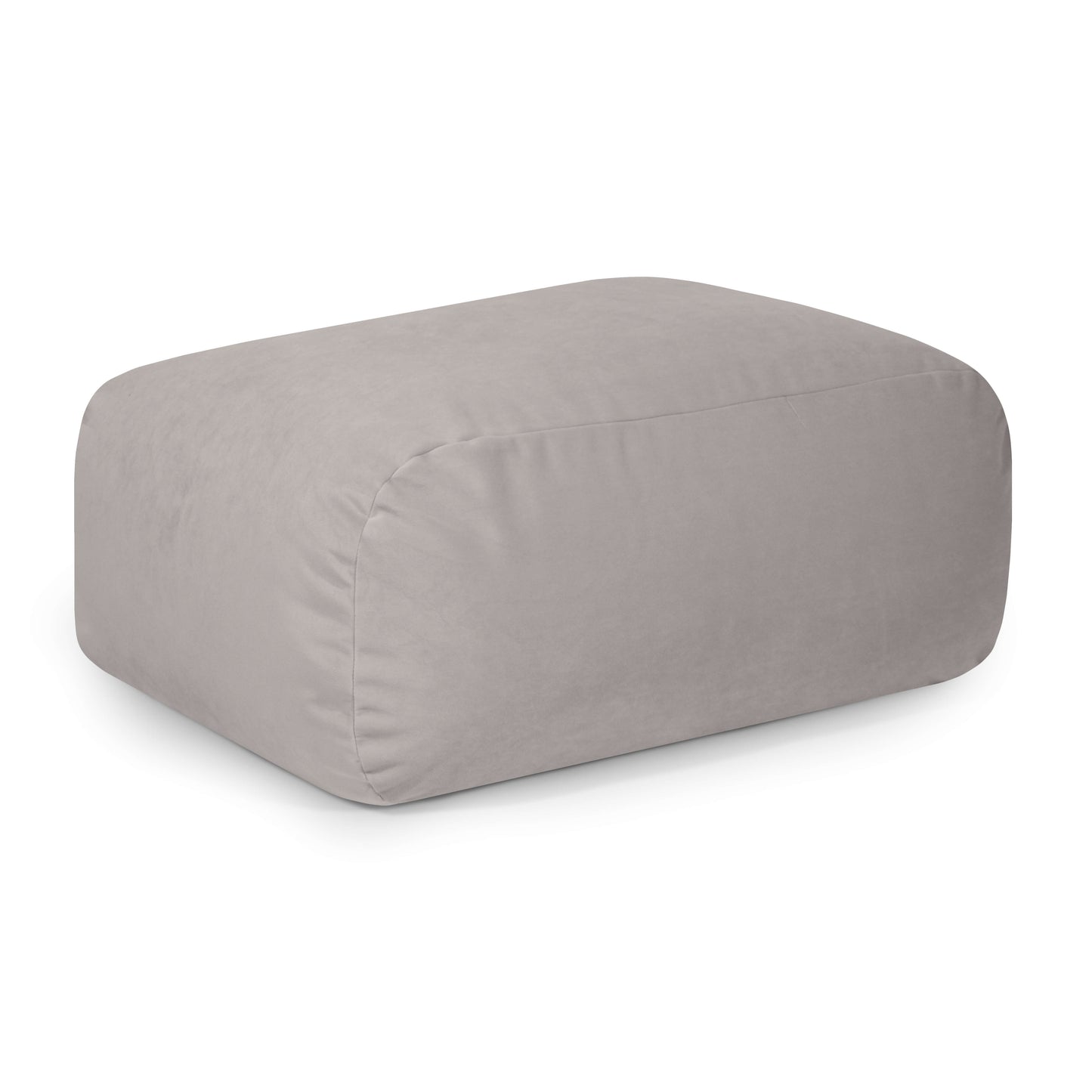 Una moderna otomana SNUG 83 BARCELONA gris claro (85×68×40 cm) con suave tapizado de terciopelo se asienta sobre un fondo blanco.