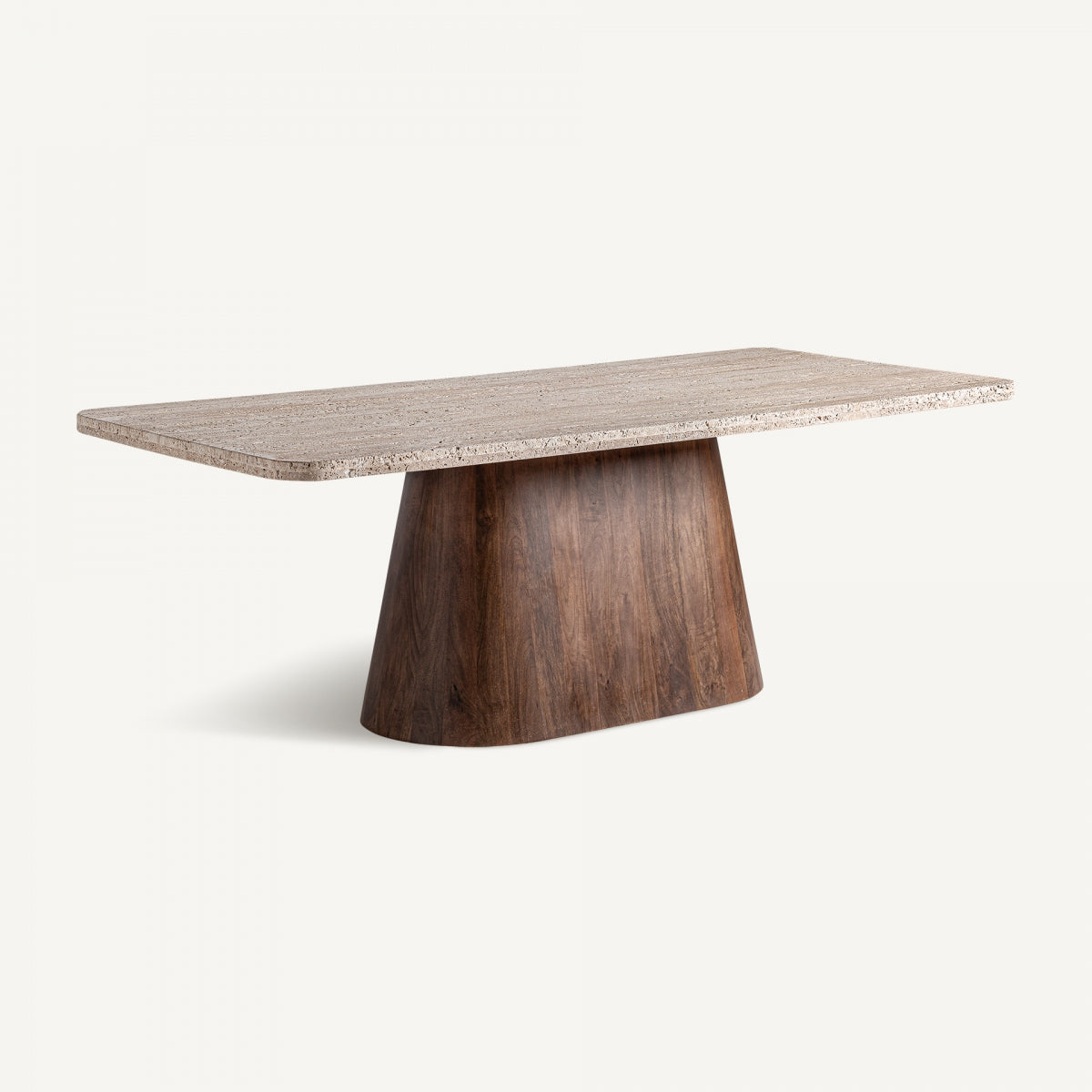 La mesa de comedor en travertino y madera Sannum presenta una tapa rectangular de travertino de piedra clara y una base gruesa y cónica de madera oscura con un diseño art déco.