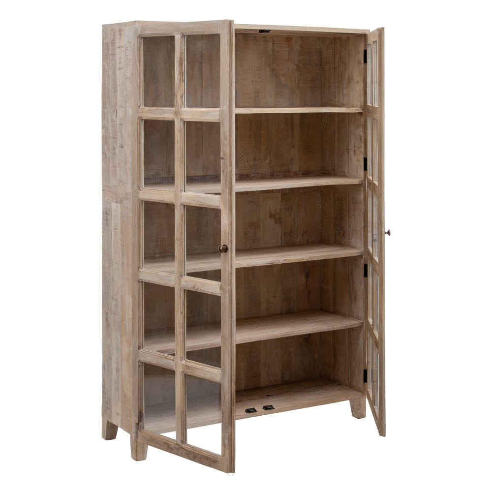 La Vitrina Alta Natural Blanco Rozado es un gabinete alto de madera con puertas con paneles de vidrio que revelan cinco estantes internos. Presenta un diseño rústico elaborado con madera de mango resistente, perfecto para exhibir con estilo sus objetos más preciados.