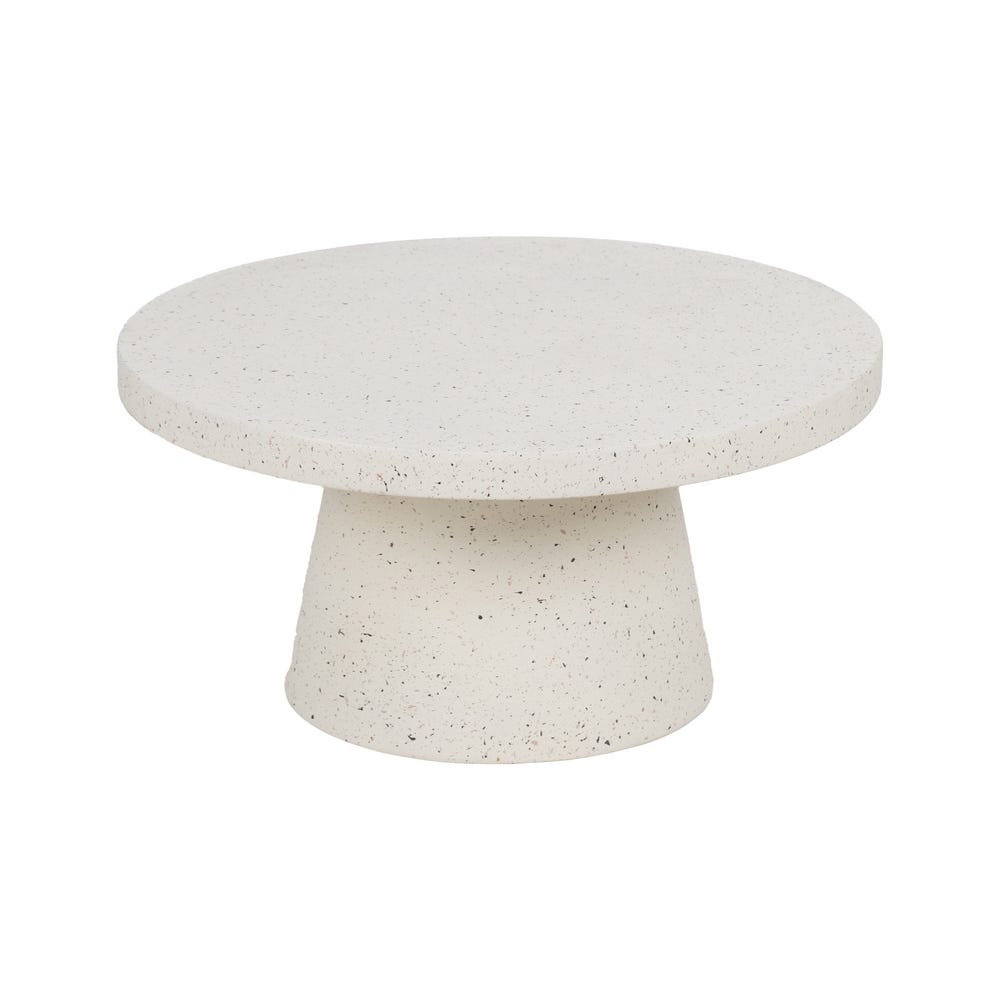 La Mesa de centro en fibra de magnesio para exteriores Clara es una mesa pedestal de hormigón redonda, moderna, blanca y con una superficie texturizada, ideal como mesa de centro distintiva.
