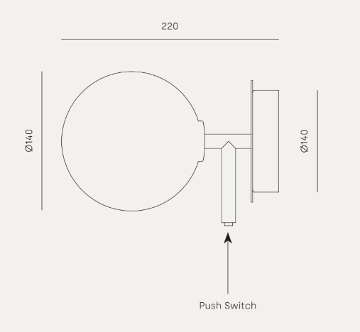 Dibujo técnico de la Aplique de pared Atom de diseño minimalista, con una pantalla de 140 mm de diámetro, 220 mm de anchura y un interruptor pulsador etiquetado debajo de la luminaria para luz homogénea.