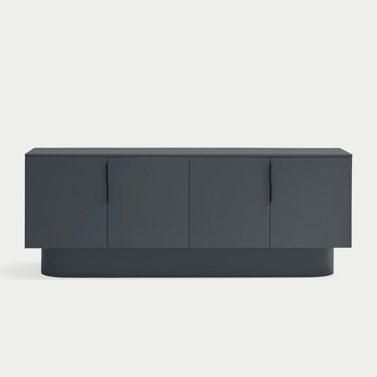 Un moderno aparato rectangular de color gris oscuro con puertas Totem 4P3C, sobre un fondo blanco liso, encarna un diseño de alta gama.