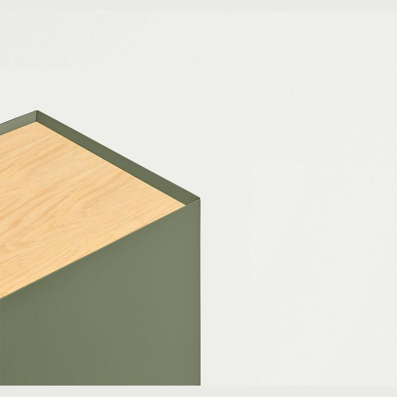 La caja rectangular verde con tapa de madera destila diseño contemporáneo, elegantemente colocada sobre un fondo blanco. Recuerda al Aparador pequeño con Puertas Arista 3P3C.