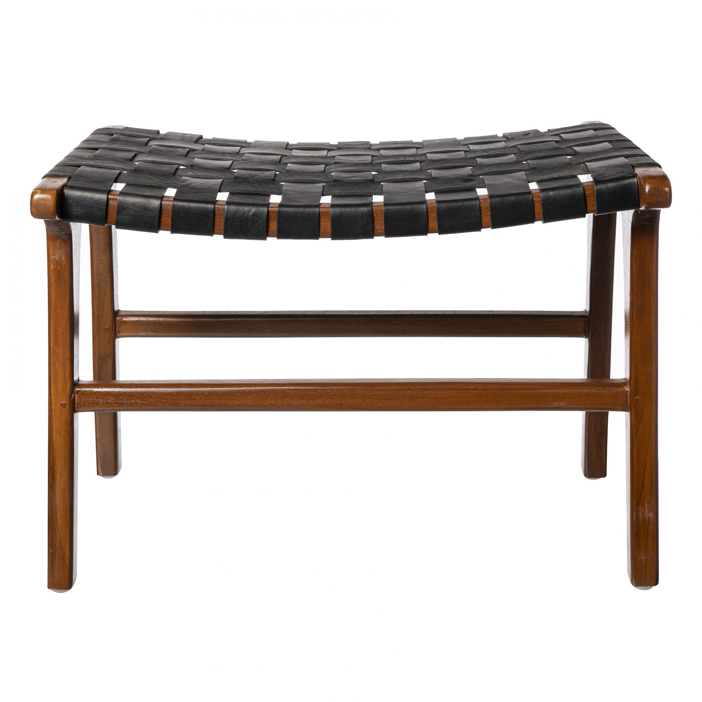La Banqueta en Madera de Teca y Cuero Zoe Black Antique (62 cm) combina elegancia y resistencia con su asiento de cuero negro tejido y estructura rectangular de madera de teca.
