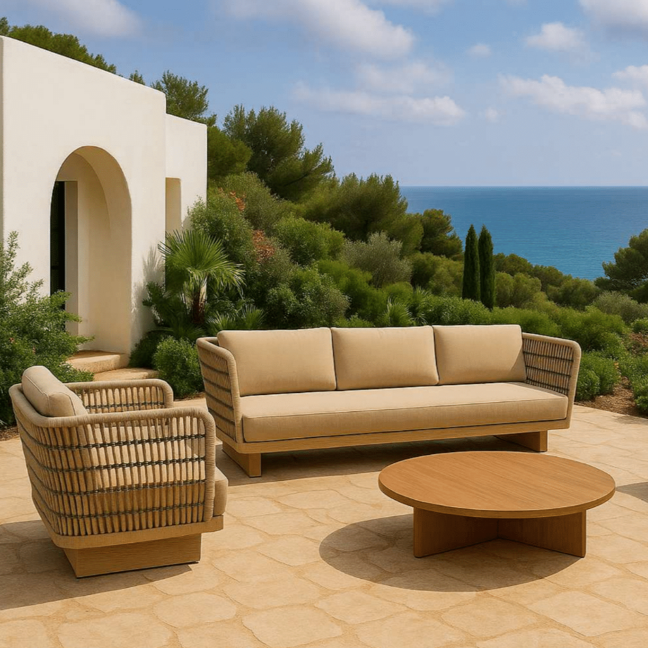 Patio exterior con un sofá beige, un sillón a juego y la mesa de centro redonda de teca natural Ø100 × 25 cm NIZA como mesa de centro en una terraza embaldosada con vistas al mar, ideal para relajarse con muebles de exterior con estilo.