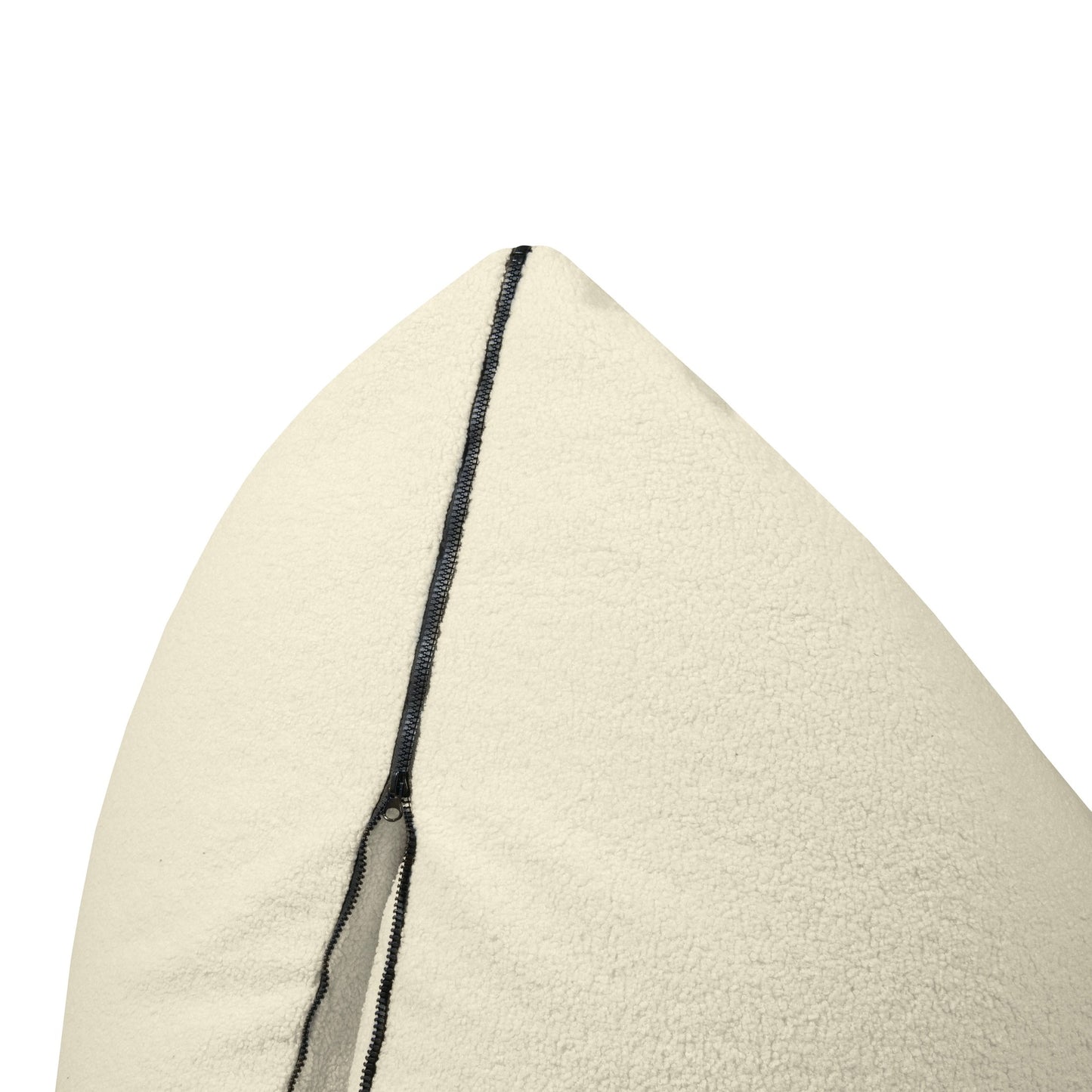 Primer plano del CLIP CLAP 115 TEDDY puff puff de tela borreguito (115×90×75 cm) que muestra su tejido texturizado de color crema y una costura vertical negra, perfecto para cualquier salón, dormitorio o sala de juegos modernos.