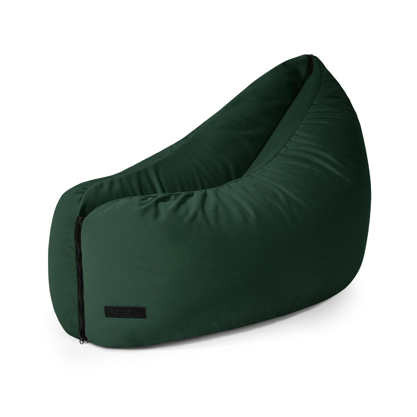 El Bean bag puff infantil de terciopelo 90×70×60 cm de CLIP CLAP 90 BARCELONA tiene un diseño moderno y ergonómico y cremallera frontal, ideal para dormitorios o salas de juegos; aquí se muestra en verde oscuro sobre fondo blanco.