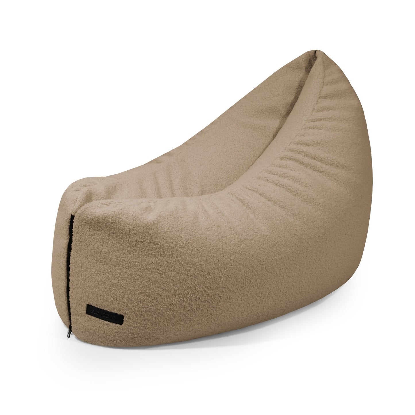A tan Bean bag puff infantil de tela borreguito 90×70×60 cm, moderno y ergonómico, ideal para dormitorio o sala de juegos, modelo CLIP CLAP 90 TEDDY, destaca por su suave superficie texturizada sobre fondo blanco.
