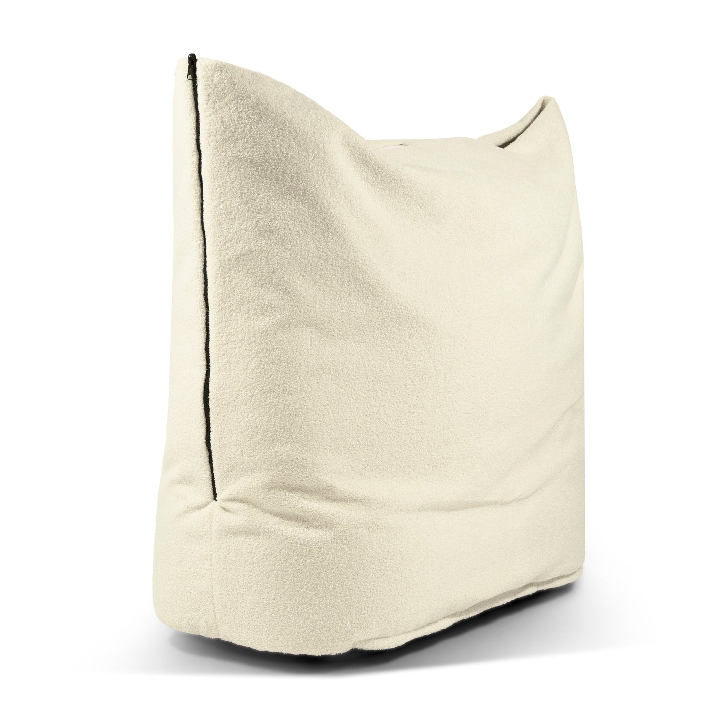 Un Bean bag puff de tela borreguito 100×55×60 cm - COCOON 100 TEDDY grande, rectangular, de color crema, con tejido de textura suave y confort ergonómico, ideal para el salón, el dormitorio o la sala de juegos, fotografiado sobre un fondo blanco.