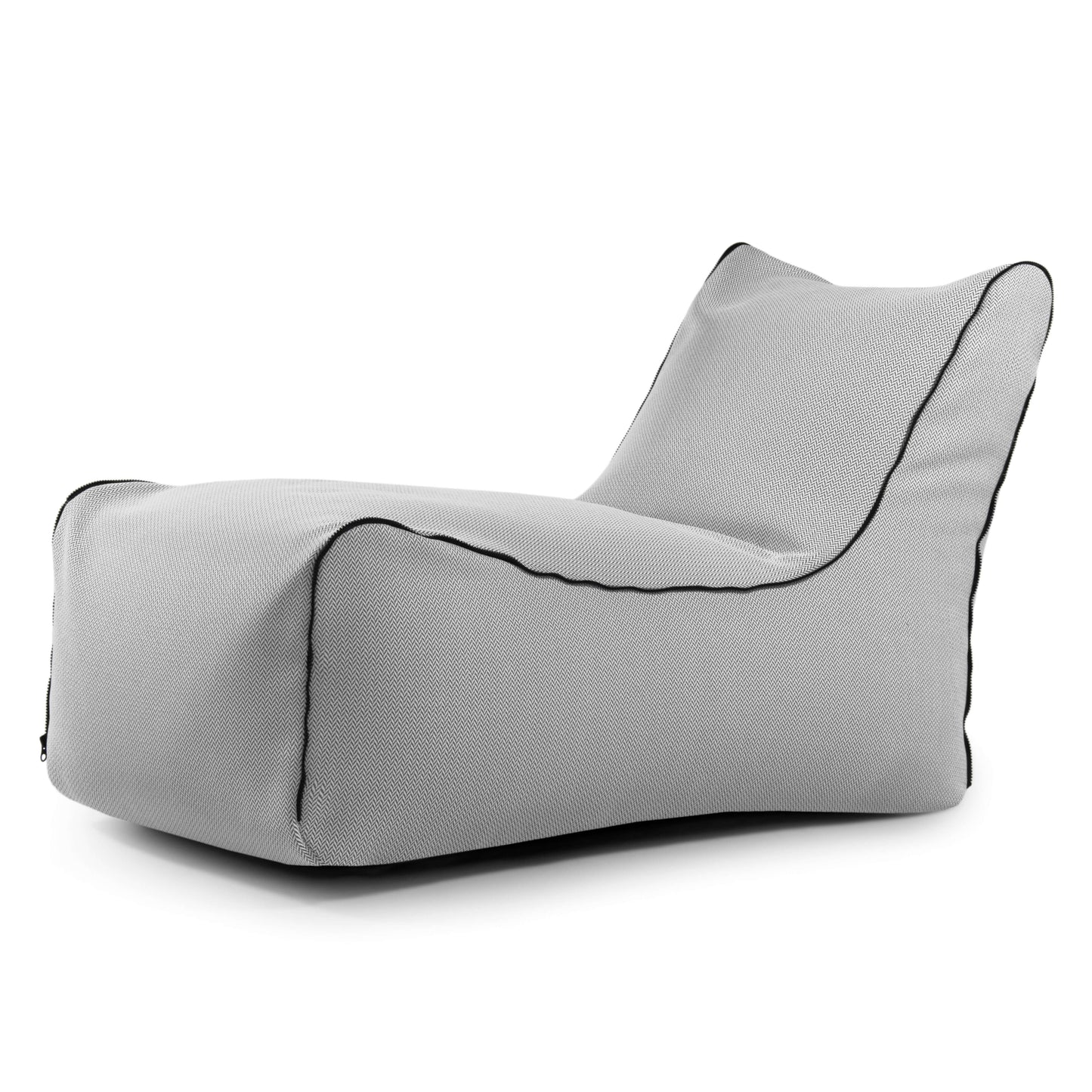 El Bean bag Lounge Zip Canaria - uso exteriores es un sillón puff de tela gris claro con respaldo reclinado y ribete negro, diseñado como asiento ergonómico, que se muestra sobre fondo blanco.