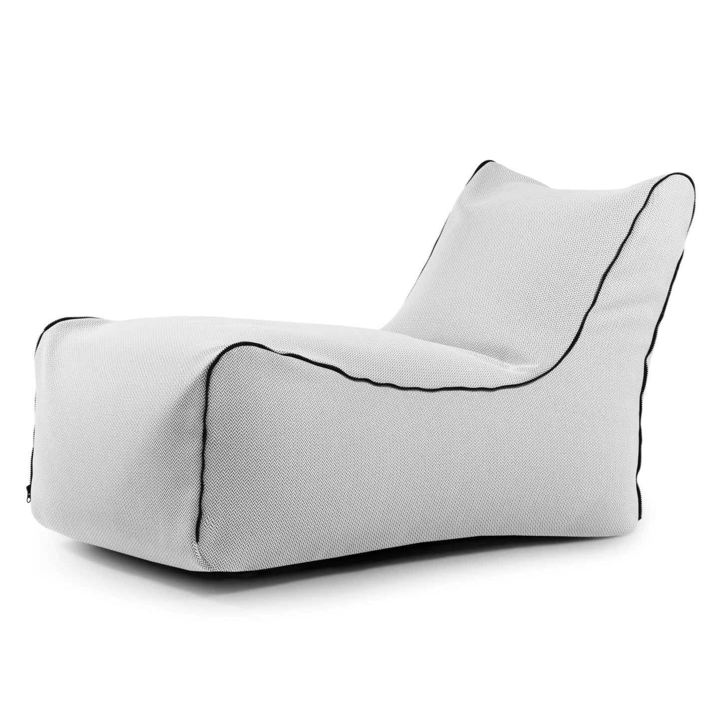 El Bean bag Lounge Zip Canaria - uso exteriores es un moderno sillón modular blanco con respaldo alto y ribete negro, que ofrece un asiento ergonómico sobre un fondo blanco liso.