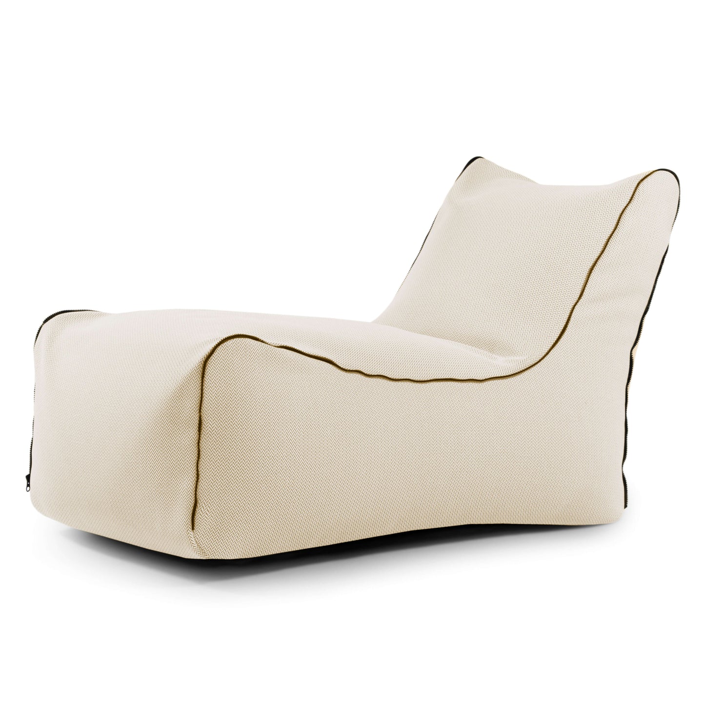 El Bean bag Lounge Zip Canaria es un moderno sillón puff de color crema con ribetes negros, diseño minimalista de perfil bajo y respaldo en ángulo para un asiento ergonómico. Ideal para uso en exteriores.