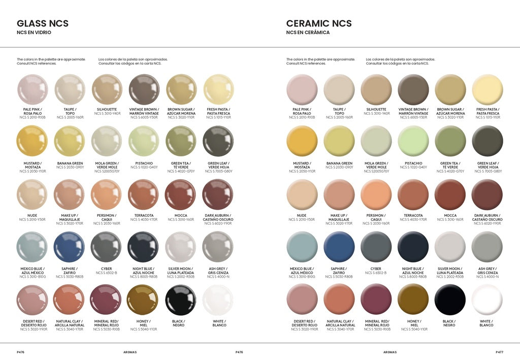 Una carta de colores con muestras NCS de vidrio y cerámica, etiquetadas con nombres y códigos, dispuestas en una cuadrícula sobre blanco, perfecta para el diseño industrial o la selección de acabados para la Lámpara de mesa en Cerámica y Metal Dab.