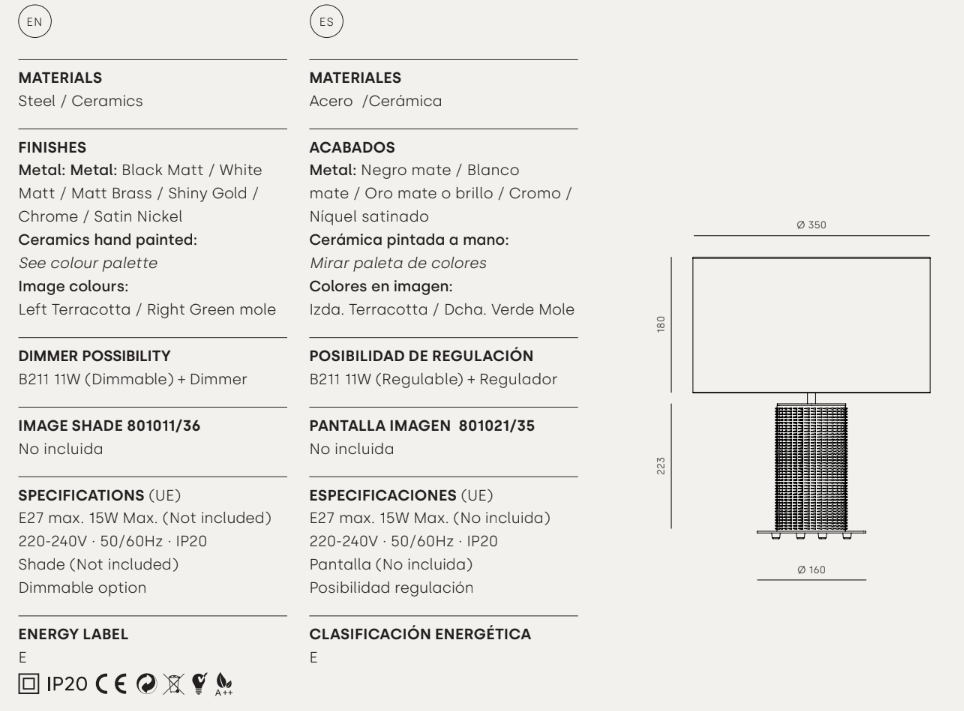 Encuentra las especificaciones técnicas y dimensiones de Lámpara de mesa en Cerámica y Metal Dab, con diseño industrial, materiales cerámicos y metálicos, acabados, regulador de intensidad, tipo de bombilla y detalles de la etiqueta energética en español e inglés.