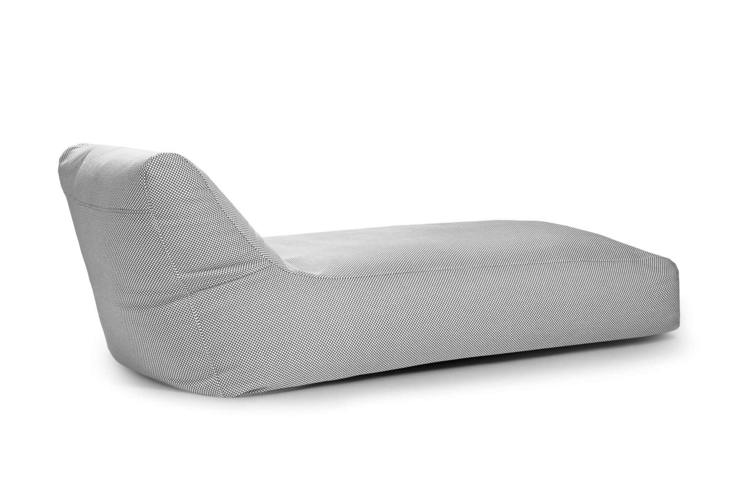 La Bean bag Sunbed 90 Canaria es una moderna tumbona de tela gris claro con respaldo bajo en ángulo y sin patas visibles, diseñada para su uso en exteriores y presentada sobre un fondo blanco liso.
