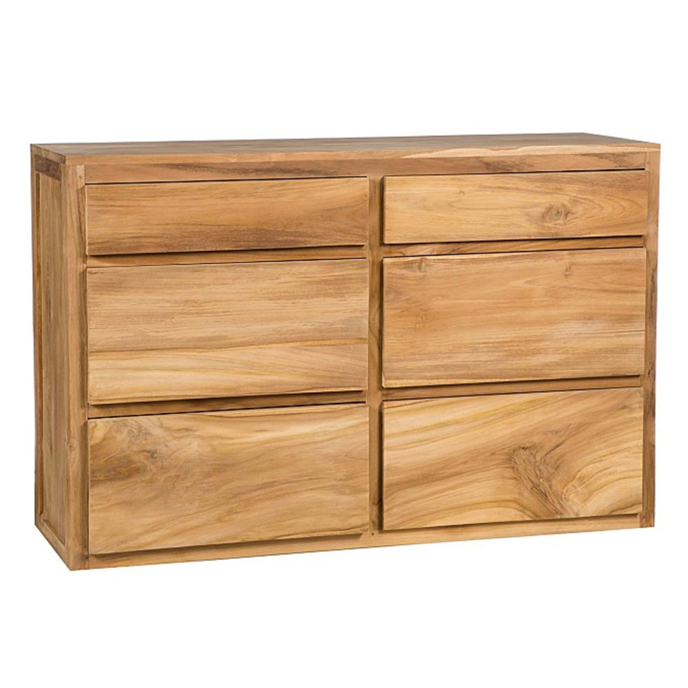 La Cómoda con 6 Cajones de Madera Teca Pelikan ofrece organización y estilo con seis cajones en dos columnas, destacando su acabado natural y diseño sencillo.