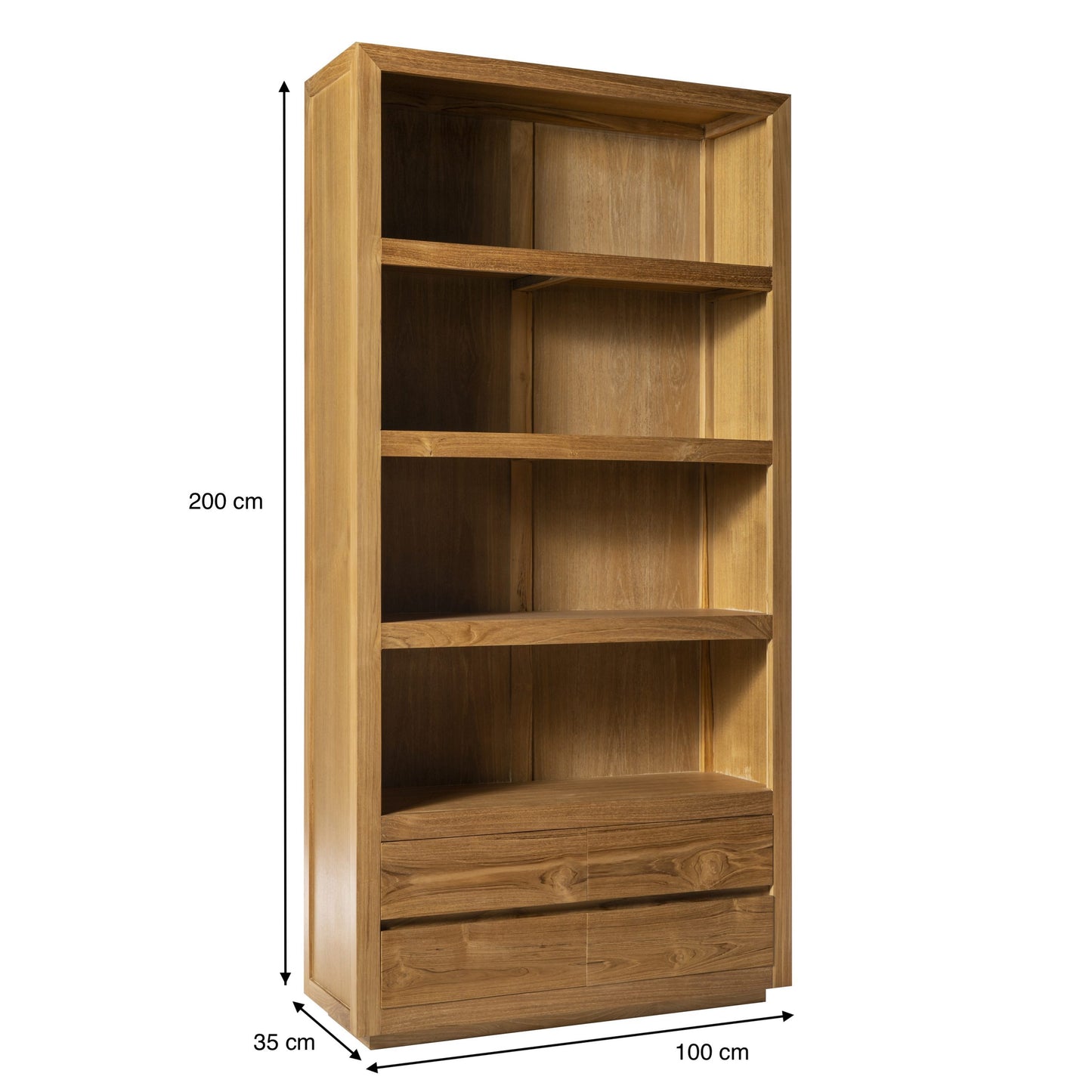 Estantería en Madera Teca Begur, de diseño contemporáneo con cuatro estantes y dos cajones inferiores. Medidas: 200x100x35 cm. Se muestra sobre fondo blanco.