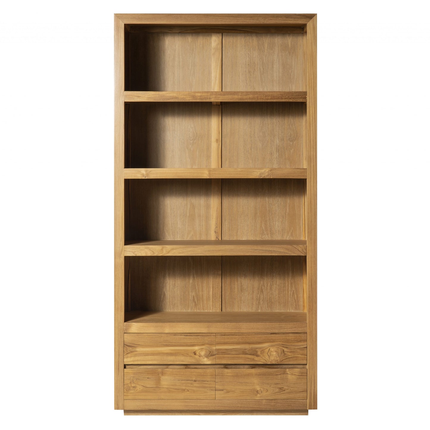 La Estantería en Madera Teca Begur destaca por su diseño contemporáneo, con cuatro estantes abiertos y dos cajones inferiores; se muestra vacía sobre un fondo blanco.