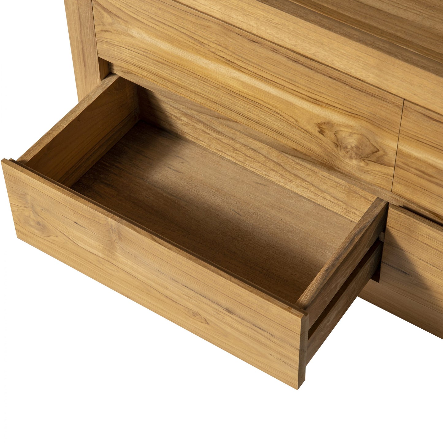 Estante abierto de la Estantería en Madera Teca Begur, visto desde arriba en ángulo. El estante está vacío y completamente extendido, enfatizando el diseño contemporáneo y la elegante construcción en madera de teca.