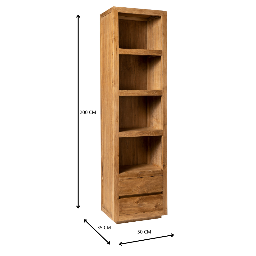 Estantería estrecha en madera de teca Begur, diseño moderno y funcional con cuatro estantes abiertos y dos cajones; Medidas 200x50x35 cm.