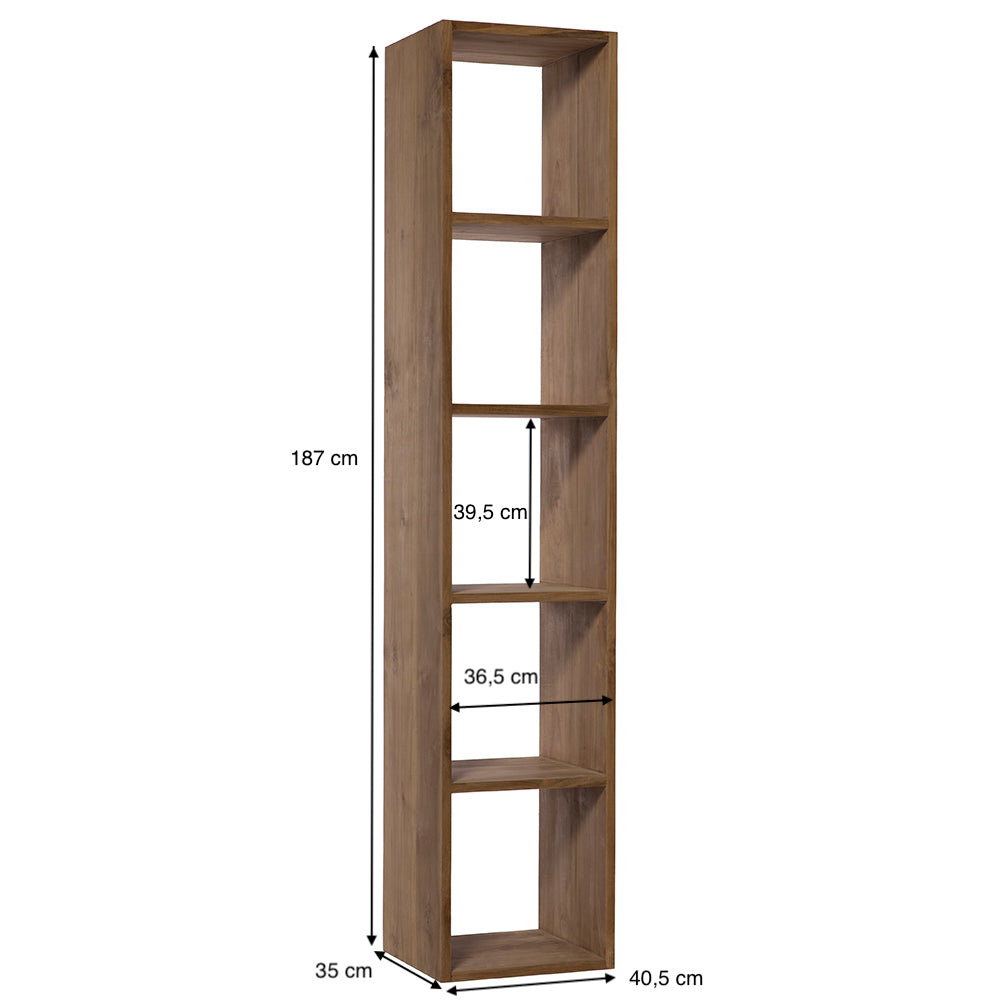 Estantería Simple en Madera de Teca Marco: elegante solución de almacenaje con cinco estantes abiertos, altura total 187 cm, estantes a 39,5 cm y 36,5 cm, base de 35 x 40,5 cm.