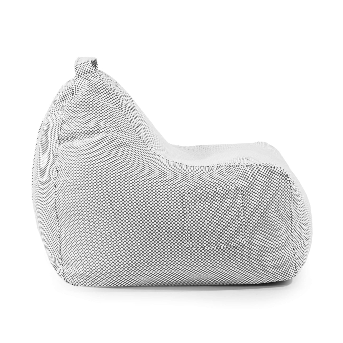 El Bean bag Game Capri - uso interiores/exteriores se muestra en una vista lateral, con un dibujo de malla gris y blanca sobre un fondo blanco liso.