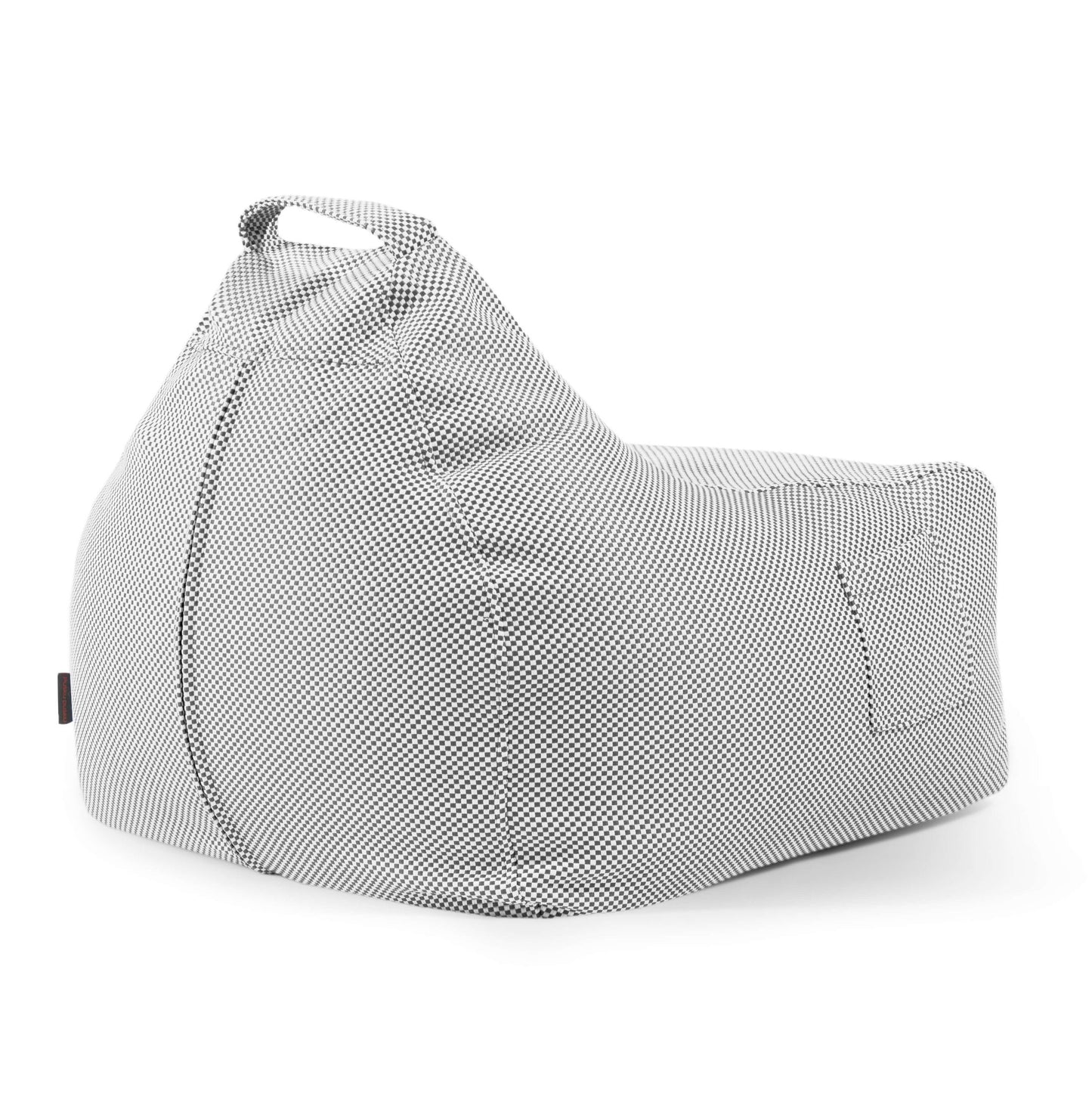 El Bean bag Game Capri para uso interior/exterior se muestra en gris y blanco con un acabado texturizado y un asa de lazo, colocado en ángulo sobre un fondo blanco.