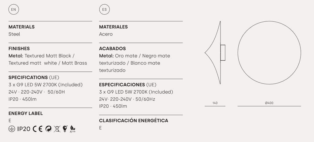 Hoja de producto bilingüe para Aplique de pared Hat: enumera materiales, acabados, dimensiones, especificaciones técnicas y etiqueta energética. Incluye un dibujo lineal con las medidas de este moderno aplique minimalista.
