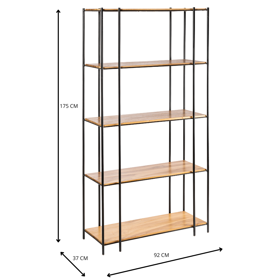La Estantería Industrial de Madera y Metal Detroit tiene cinco niveles, estructura de metal negro y baldas de teca. Mide 175x92x37 cm y aporta un estilo industrial único a cualquier espacio.