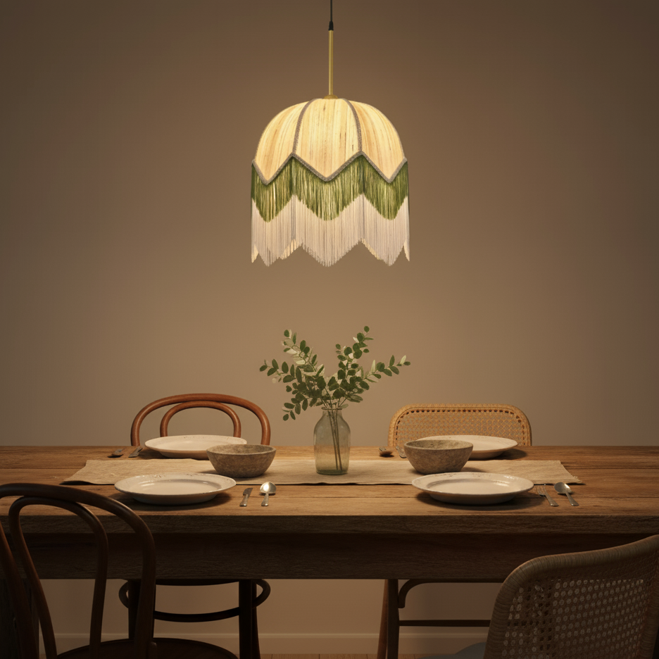 Una mesa de comedor de madera para cuatro personas con platos, cuencos, cubiertos, un jarrón con plantas y la Lámpara colgante vintage de flecos en acero dorado y pantalla textil blanca y verde Ø40×100 cm - ZELENA que proporciona iluminación decorativa en la parte superior.