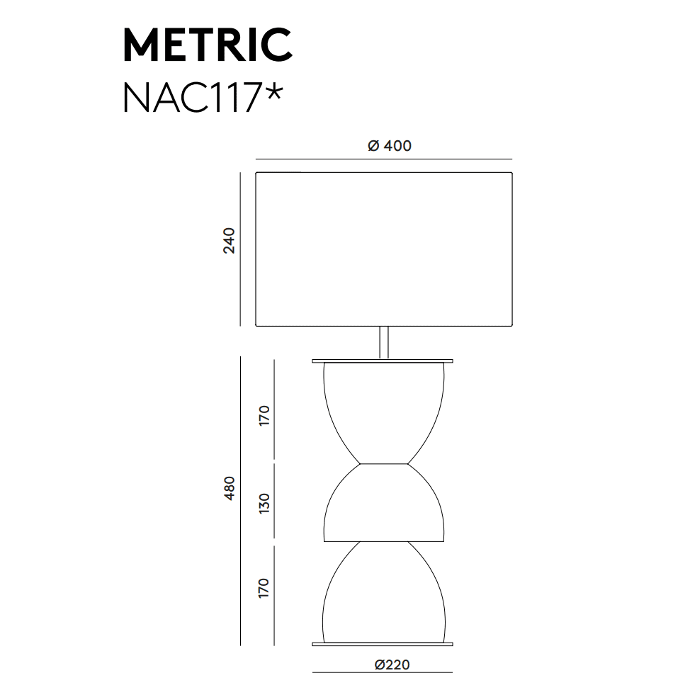 Este diagrama de la Lámpara de mesa Metric muestra su diseño contemporáneo. La pantalla tiene un diámetro de 400 mm y una altura de 240 mm. La altura de la base es de 440 mm, con dos secciones apiladas de 170 mm y 130 mm, con un diámetro de base de 220 mm.