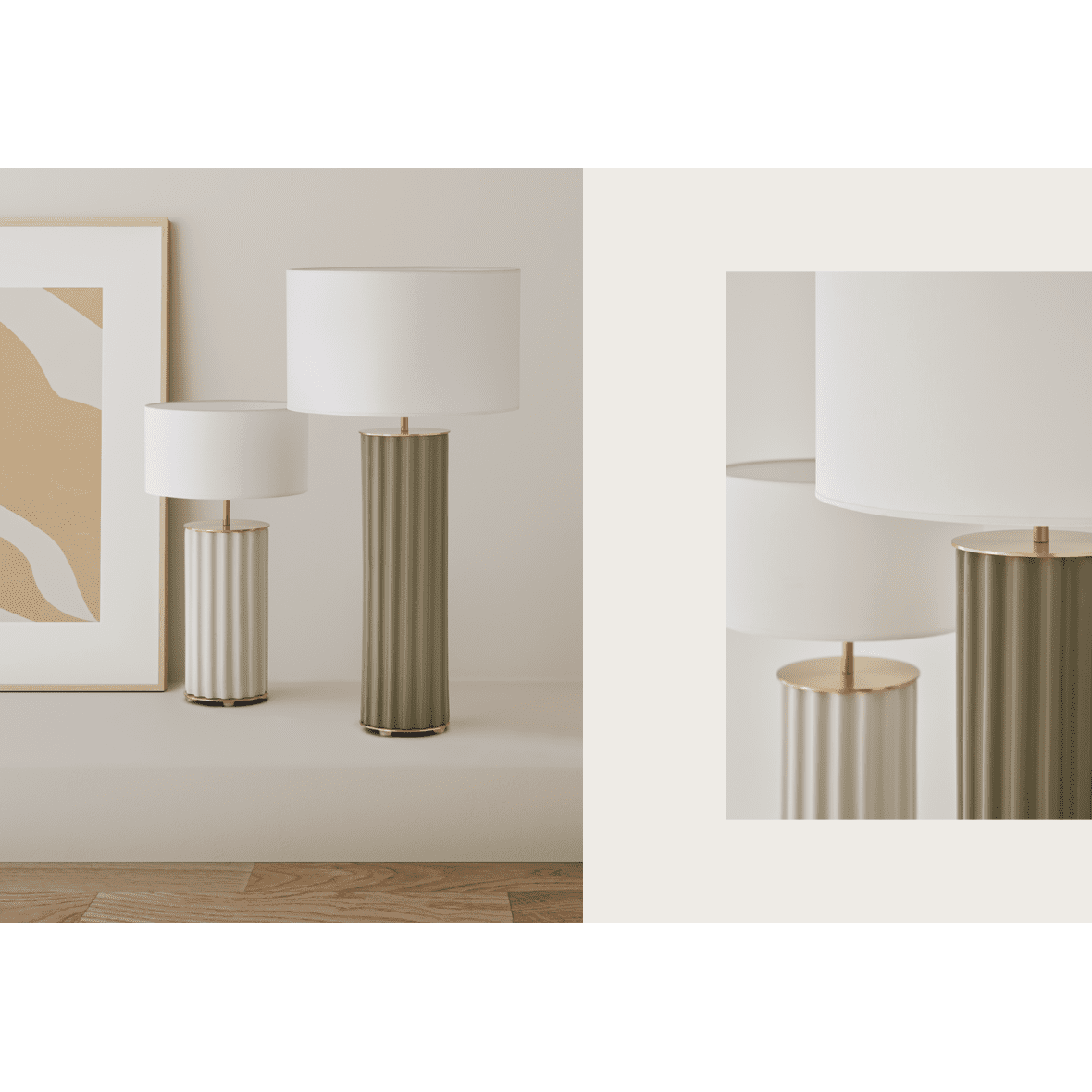 Dos lámparas de mesa Sonica de diferentes tamaños con pantallas blancas y bases texturizadas se asientan sobre una superficie de madera, proporcionando una iluminación acogedora junto al arte de pared abstracto.