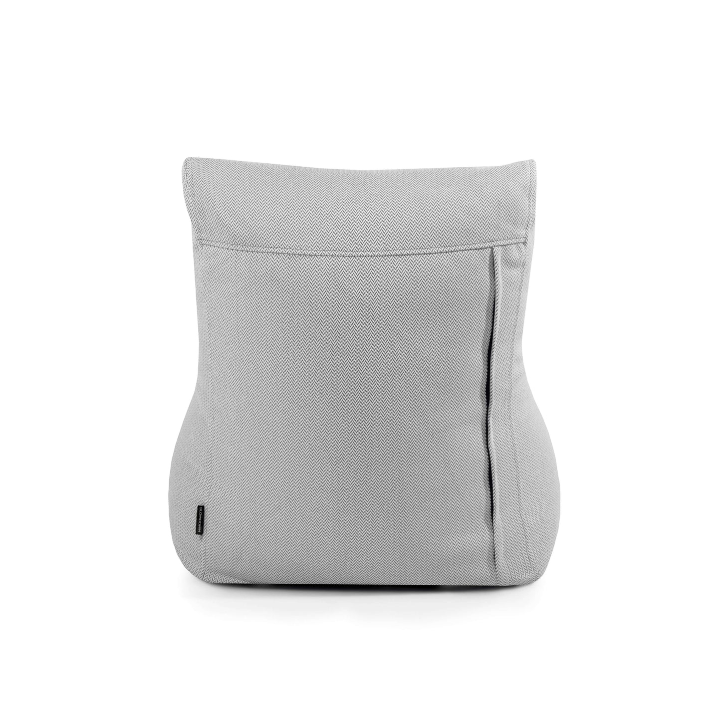 El Bean Bag Lounge Canaria - uso exterior es un cojín rectangular de color gris claro con un sutil tejido texturizado y una pequeña etiqueta negra en la esquina inferior izquierda, diseñado para un confort ergonómico y mostrado sobre un fondo blanco.