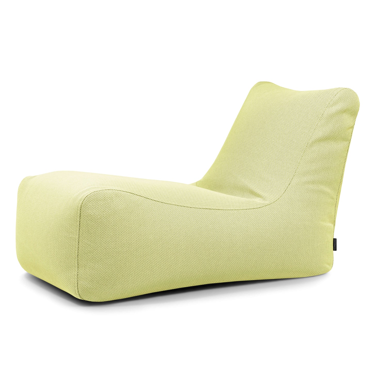 Un moderno Bean bag Lounge Canaria de tela verde claro - uso exterior presenta un perfil bajo y un diseño curvado, que ofrece comodidad ergonómica para relajarse en interiores o al aire libre como elegante complemento de su espacio vital.