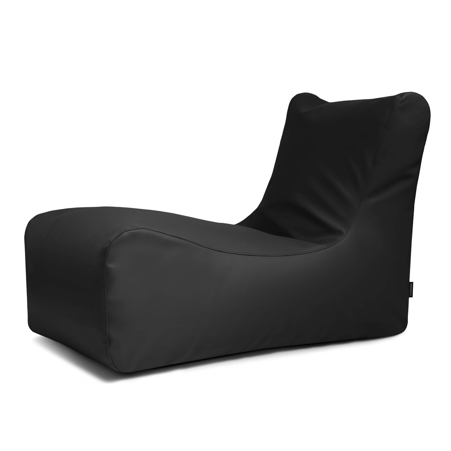 El Bean bag Lounge Outside - uso exteriores es un moderno sillón negro tipo puff con respaldo, que se muestra sobre un fondo blanco liso y es perfecto para descansar al aire libre.