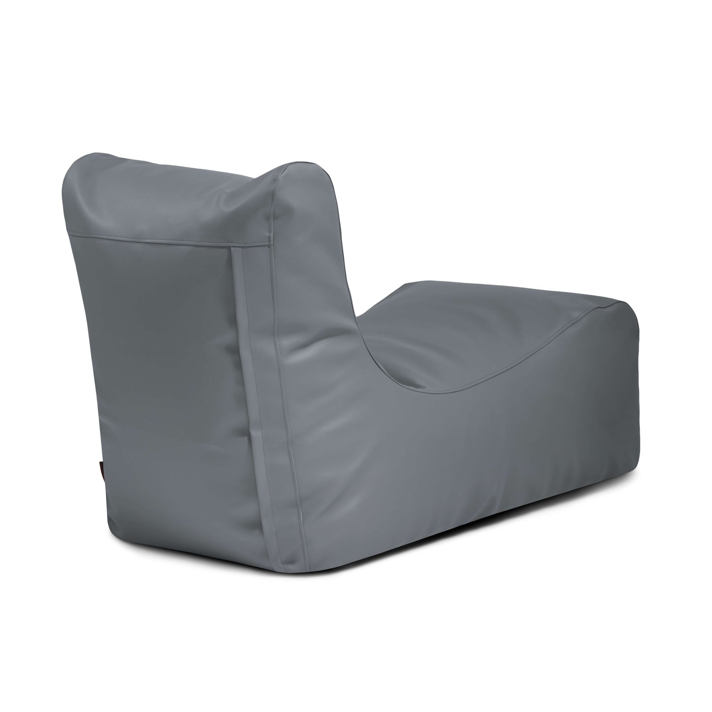 El Bean bag Lounge Outside - uso exteriores es un sillón puff gris con respaldo, mostrado desde un ángulo posterior sobre un fondo blanco liso, perfecto para relajarse en interiores o descansar al aire libre.