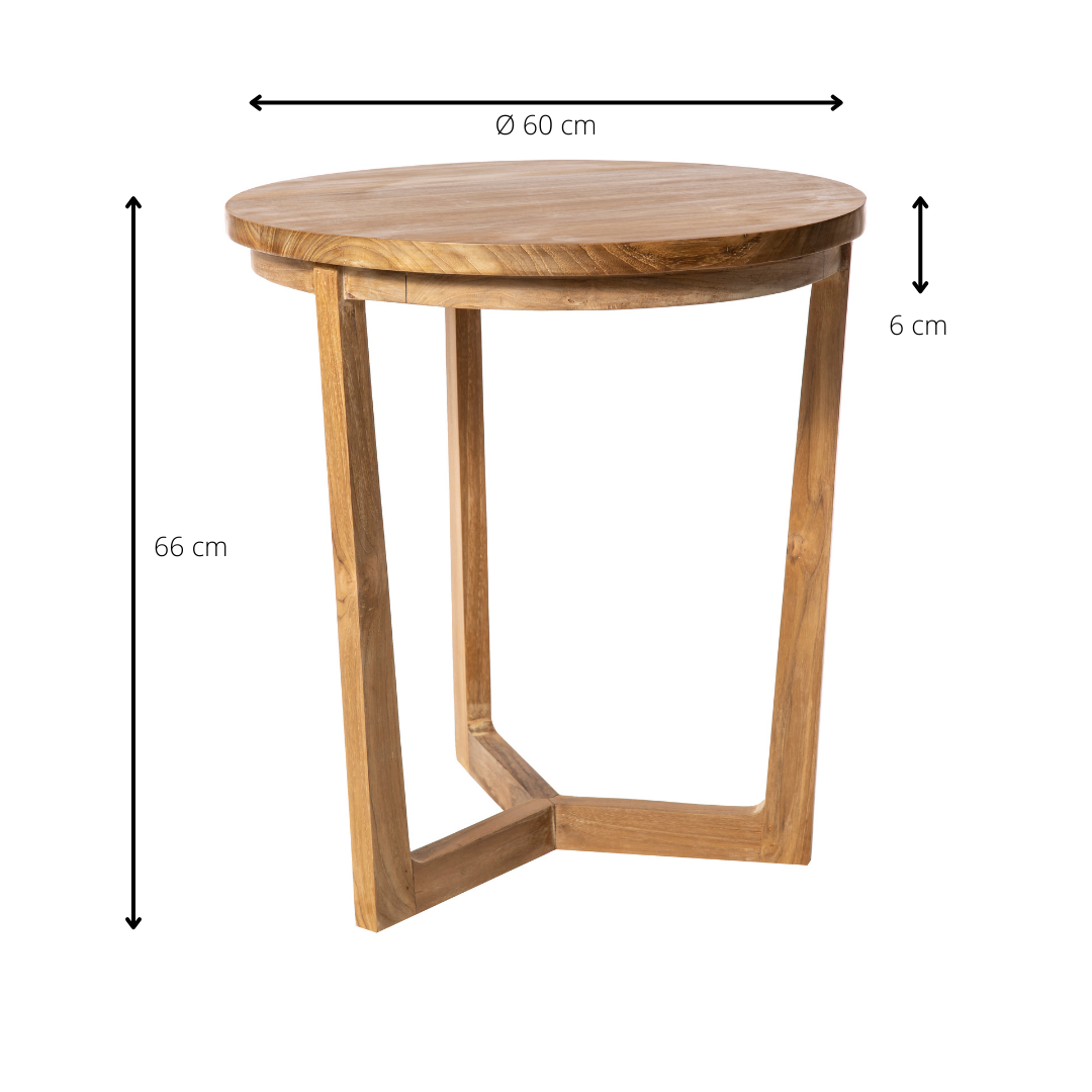 Mesa auxiliar Redonda en Madera de teca Roman, diámetro 60 cm, altura 66 cm, tablero de 6 cm, ideal para sala de estar o como mesa auxiliar; destaca por sus elegantes patas anguladas y acabado en teca.