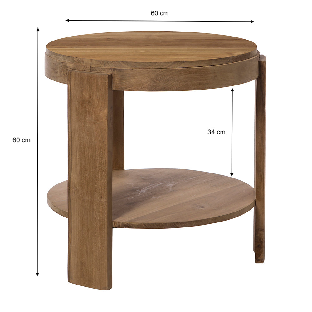 La Mesa auxiliar Redonda en Madera de teca Nabila Ø60 tiene diseño compacto, estante inferior a 34 cm del suelo y mide 60 cm de alto y diámetro.
