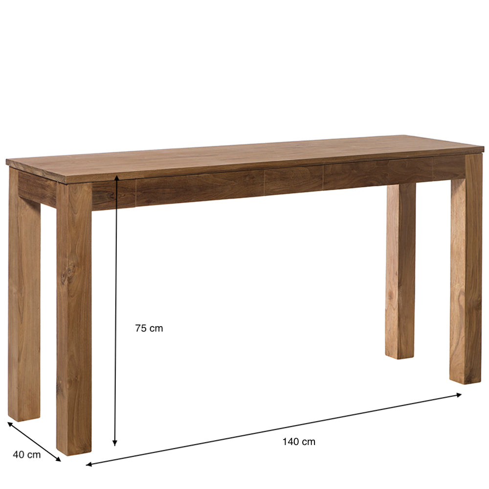 La Consola en Madera de Teca con Cajones Nabila destaca por su diseño moderno; esta mesa rectangular mide 140 cm de largo, 40 cm de ancho y 75 cm de alto, con etiquetas que muestran sus dimensiones.