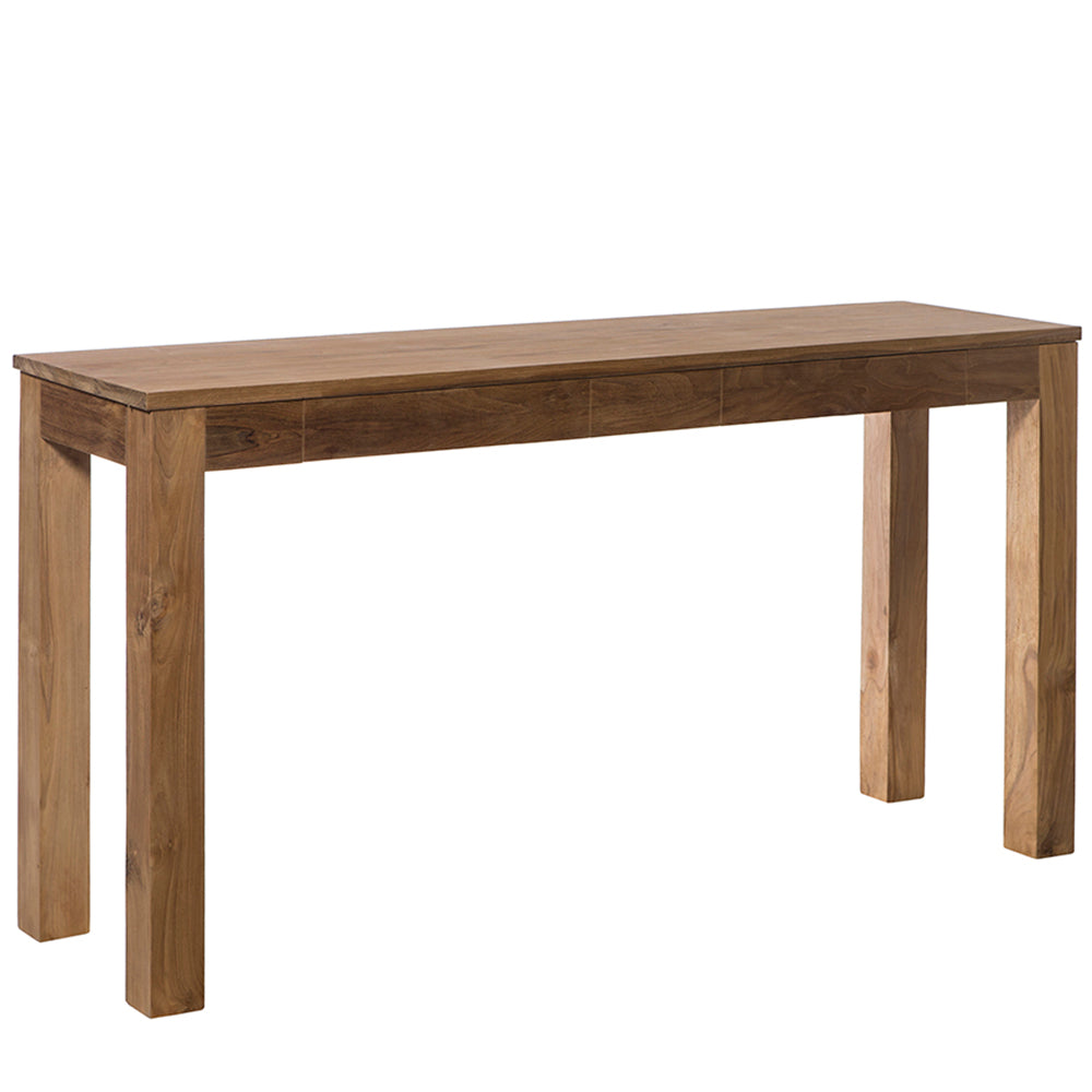 La Consola en Madera de Teca con Cajones Nabila es una mesa rectangular de teca, con cuatro patas rectas, cajones y un diseño moderno en su superficie lisa.