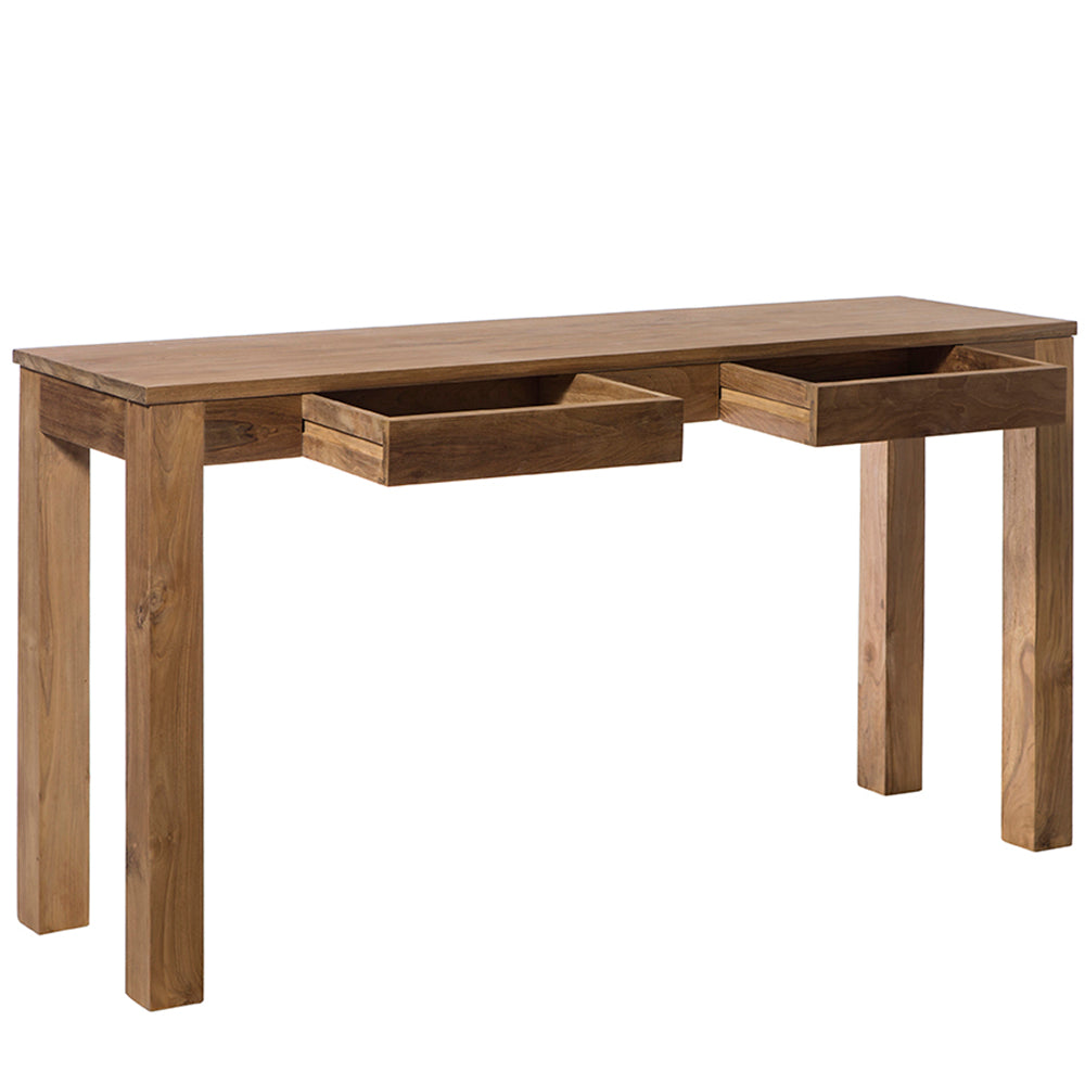 La Consola en Madera de Teca con Cajones Nabila es un escritorio moderno de teca con líneas rectas, patas cuadradas y dos cajones abiertos.