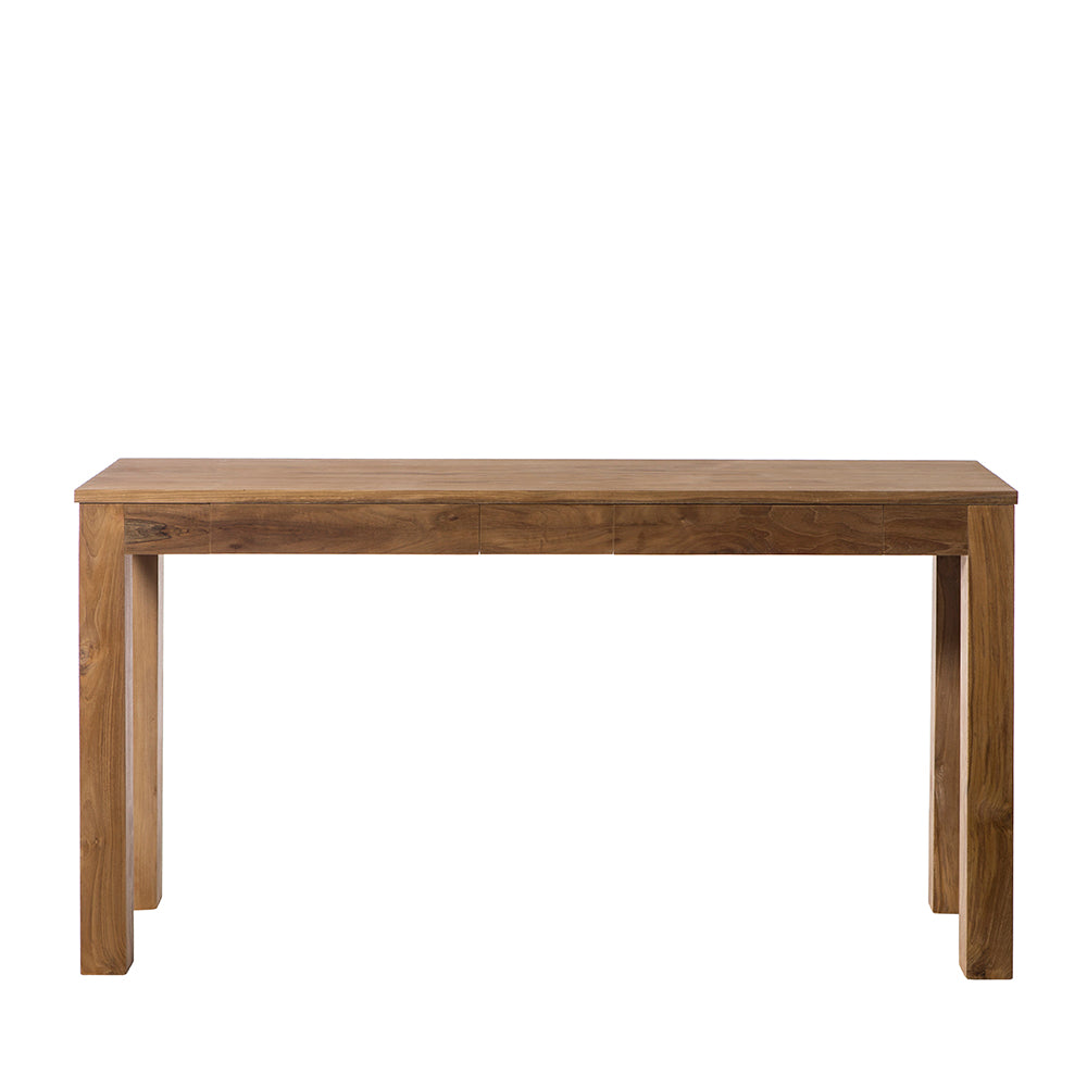 Una consola rectangular de madera de teca con cajones Nabila, con cuatro patas rectas, vista de frente sobre un fondo blanco liso.