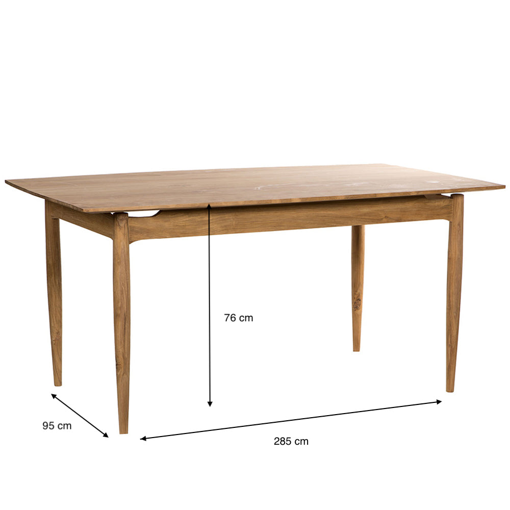 La mesa de comedor rectangular en madera de teca Berlín cuenta con un diseño moderno con un tablero plano de madera de teca, cuatro patas cónicas y mide 285 cm de largo, 95 cm de ancho y 76 cm de alto.