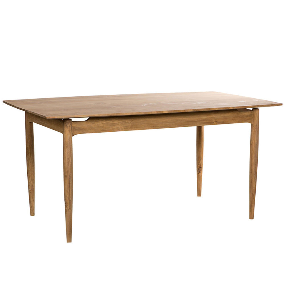 La mesa de comedor rectangular en madera de teca Berlín es una mesa rectangular de madera con patas cónicas, elaborada con teca de primera calidad y diseñada sobre un fondo blanco prístino.