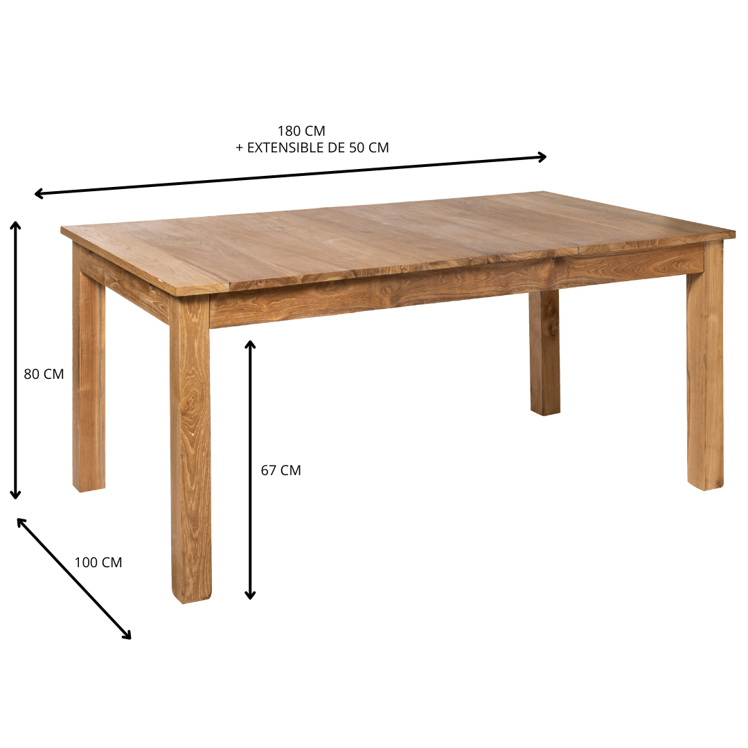 La mesa de comedor extensible Alex, de diseño moderno y fabricada en madera de teca, mide 180 cm de largo (extensible a +50 cm), 100 cm de ancho, 80 cm de alto y cuenta con una holgura al suelo de 67 cm.