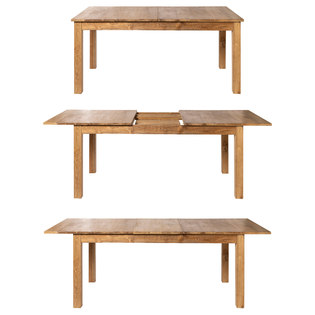 Tres imágenes de la mesa de comedor extensible en madera de teca Alex: la parte superior muestra el tamaño estándar, la parte central muestra el mecanismo de extensión y la parte inferior revela la mesa completamente extendida. Fabricada con madera de teca duradera, combina a la perfección la funcionalidad con el diseño moderno.